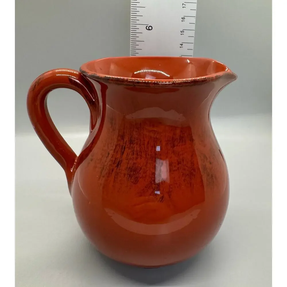 Vintage Small Orange & Brown Pitcher Glazed Clay Made in Italy 5 1/4" Pottery - Picture 4 of 9
